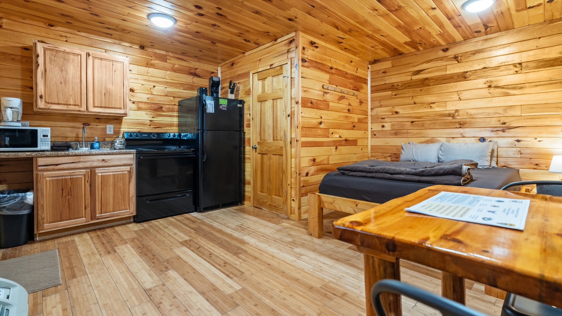 Open studio interior with kitchenette