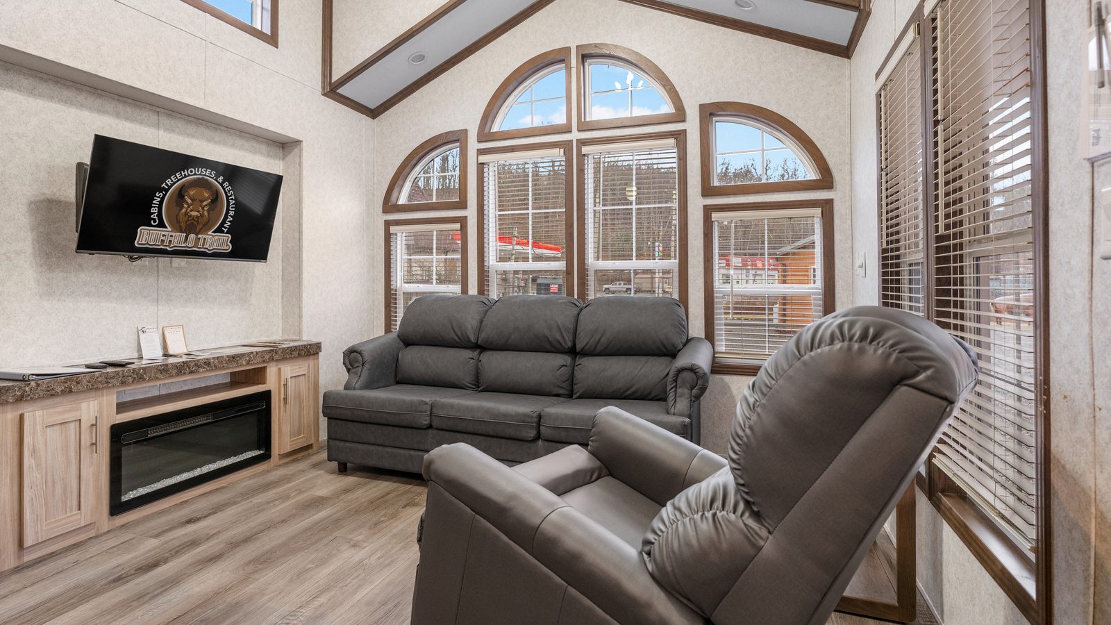 Living room with cathedral ceilings, recliner and electric fireplace