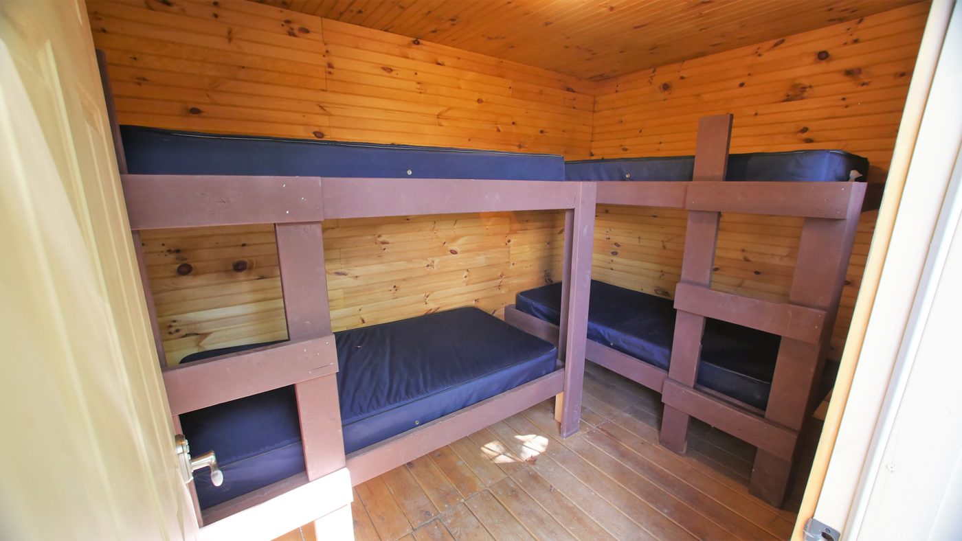 Treehouse interior with bunk beds and pine paneling
