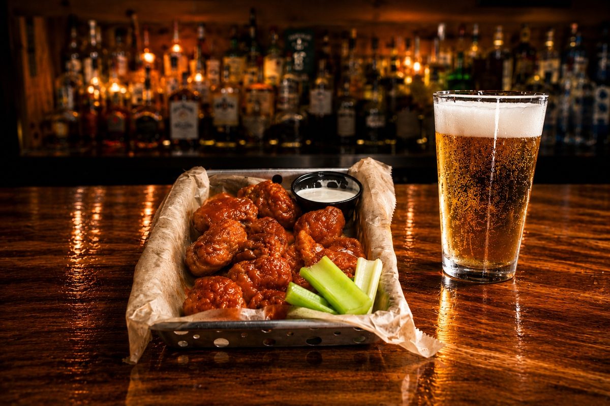 Basket of buffalo wings with celery, ranch, and a cold draft beer at the Buffalo Trail bar