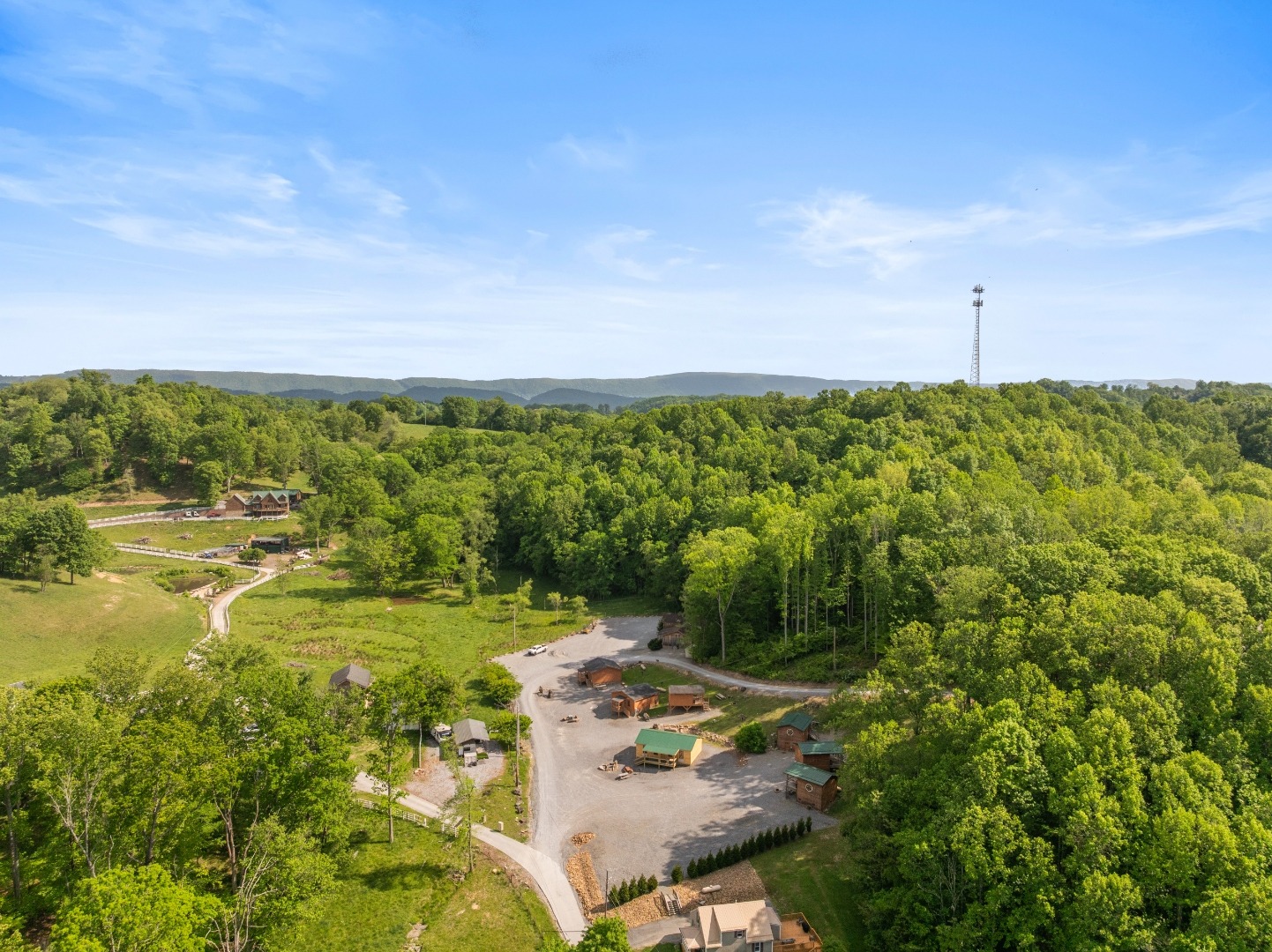 Aerial view of Buffalo Trail Cabins Resort nestled in West Virginia mountains