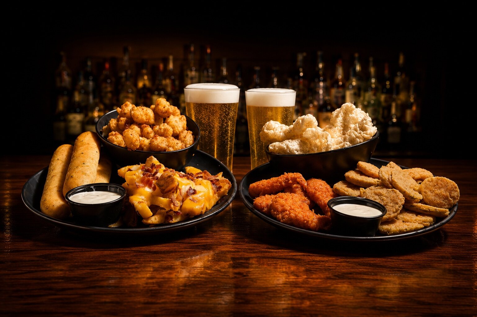 Appetizer trio sampler platters with fried pickles, cheese curds, breadsticks and loaded fries at the Buffalo Trail bar
