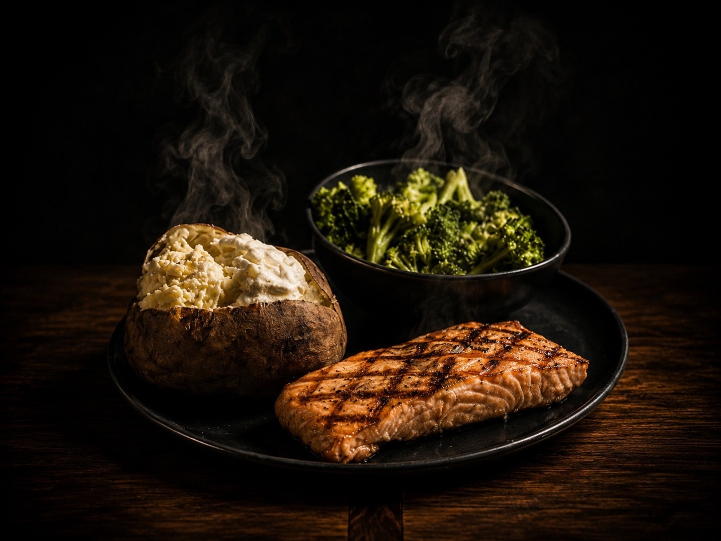 Steaming grilled salmon on a black plate with broccoli and a sour cream potato