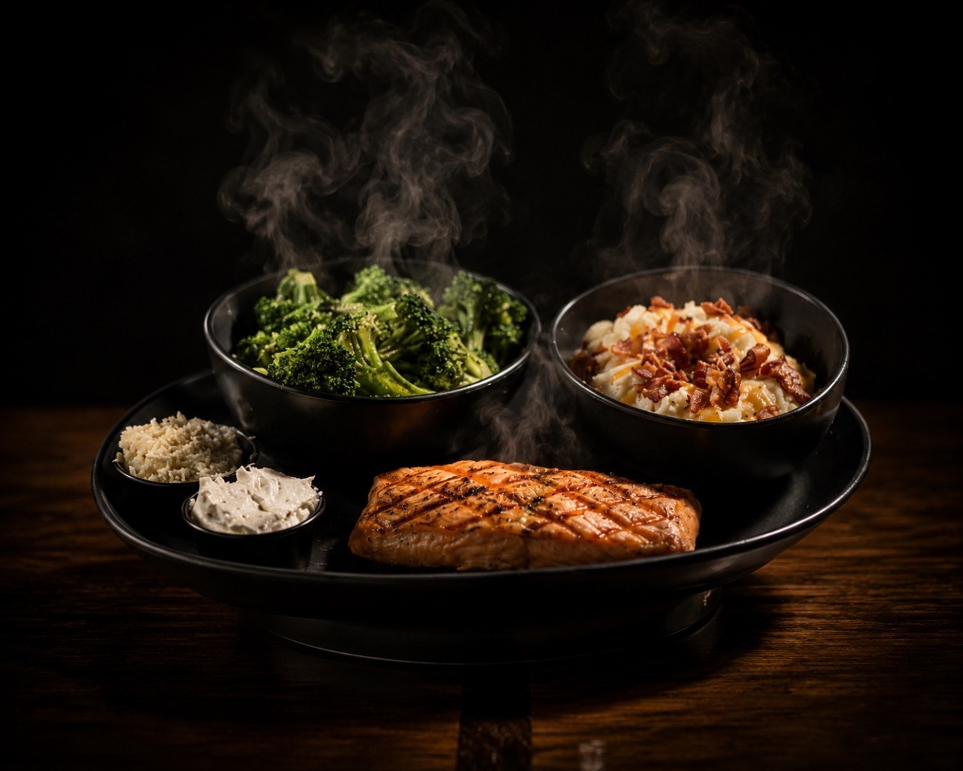 Grilled salmon steaming on a black plate with broccoli and loaded mashed potatoes