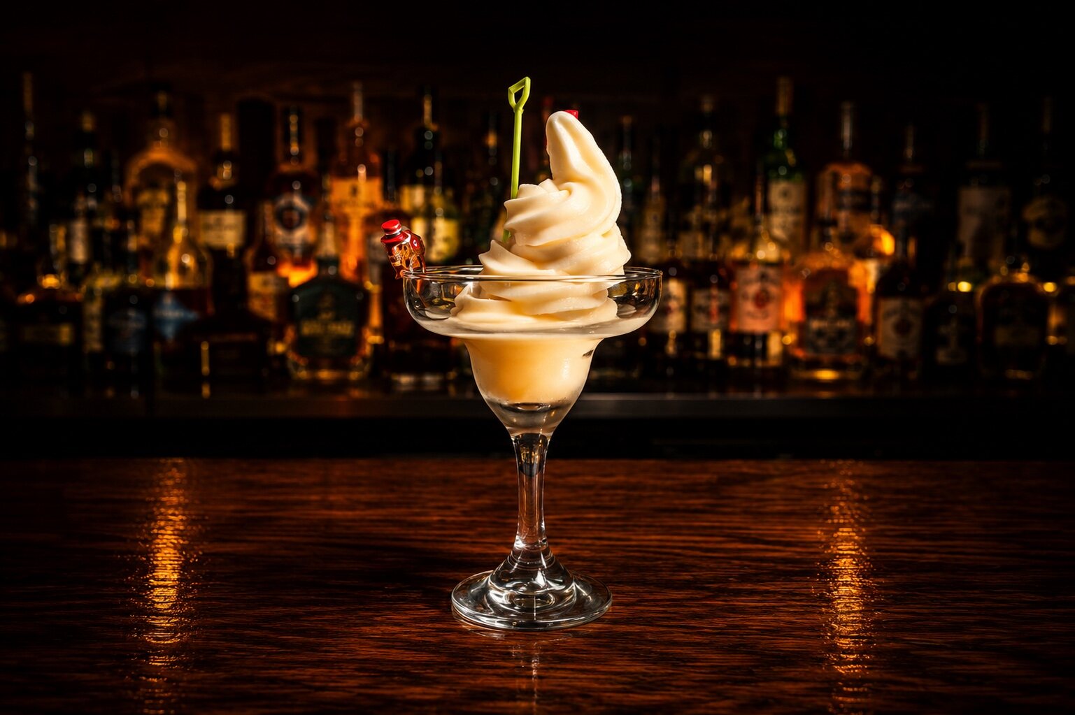 The legendary soft serve margarita swirled in a margarita glass at the Buffalo Trail bar