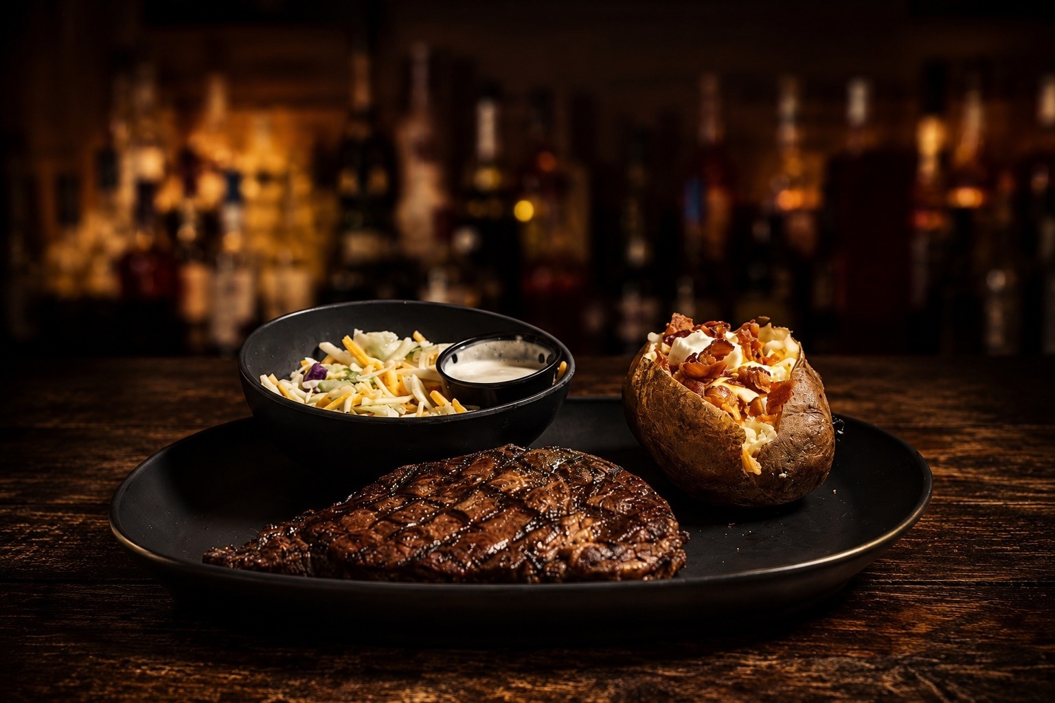 Rustic lodge restaurant interior with 30-tap bar, wooden beam ceilings, and stone fireplace