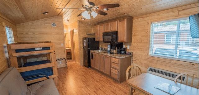 Cottage interior with kitchenette and bunks